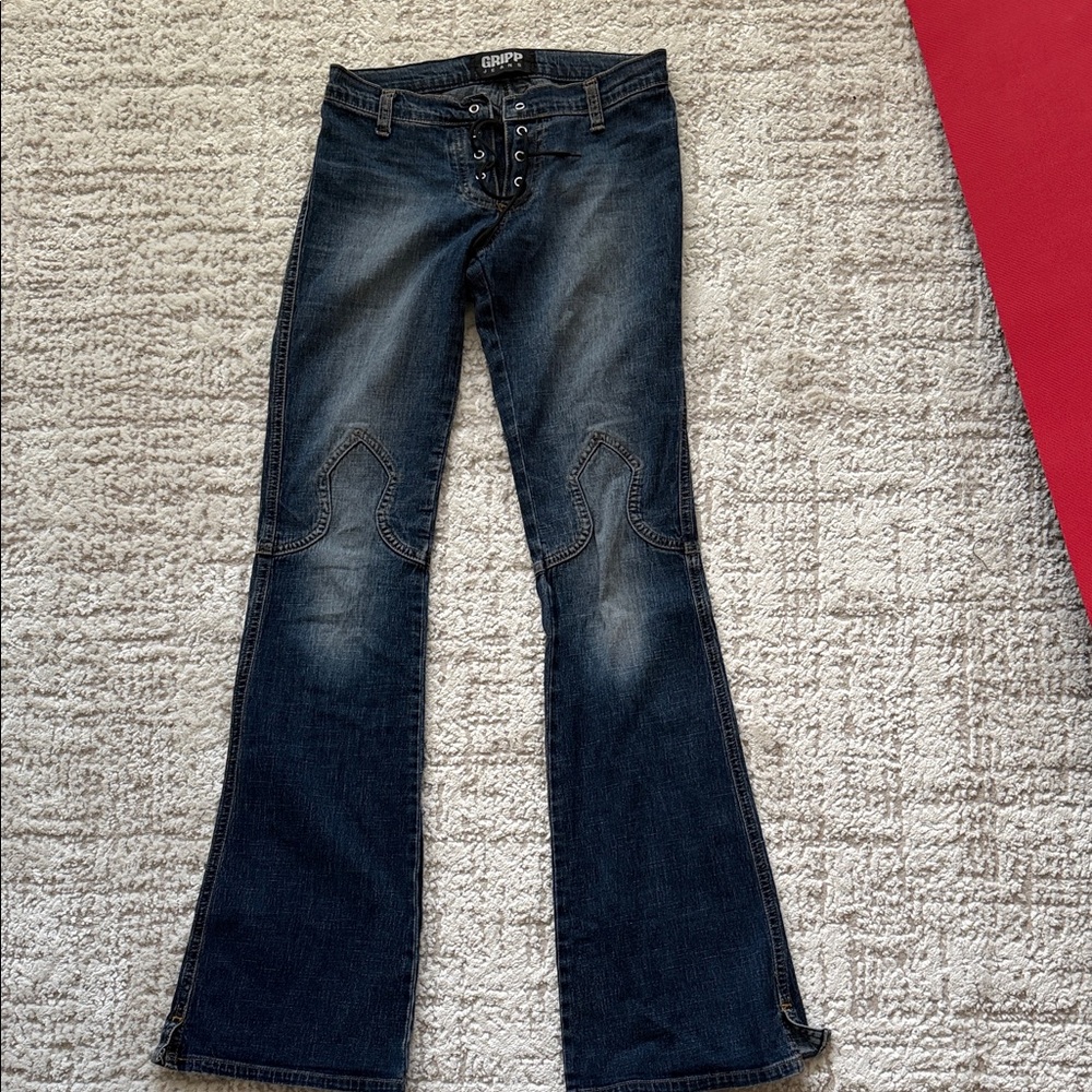 Dark Blue Lace-Up Flare Jeans - Women's